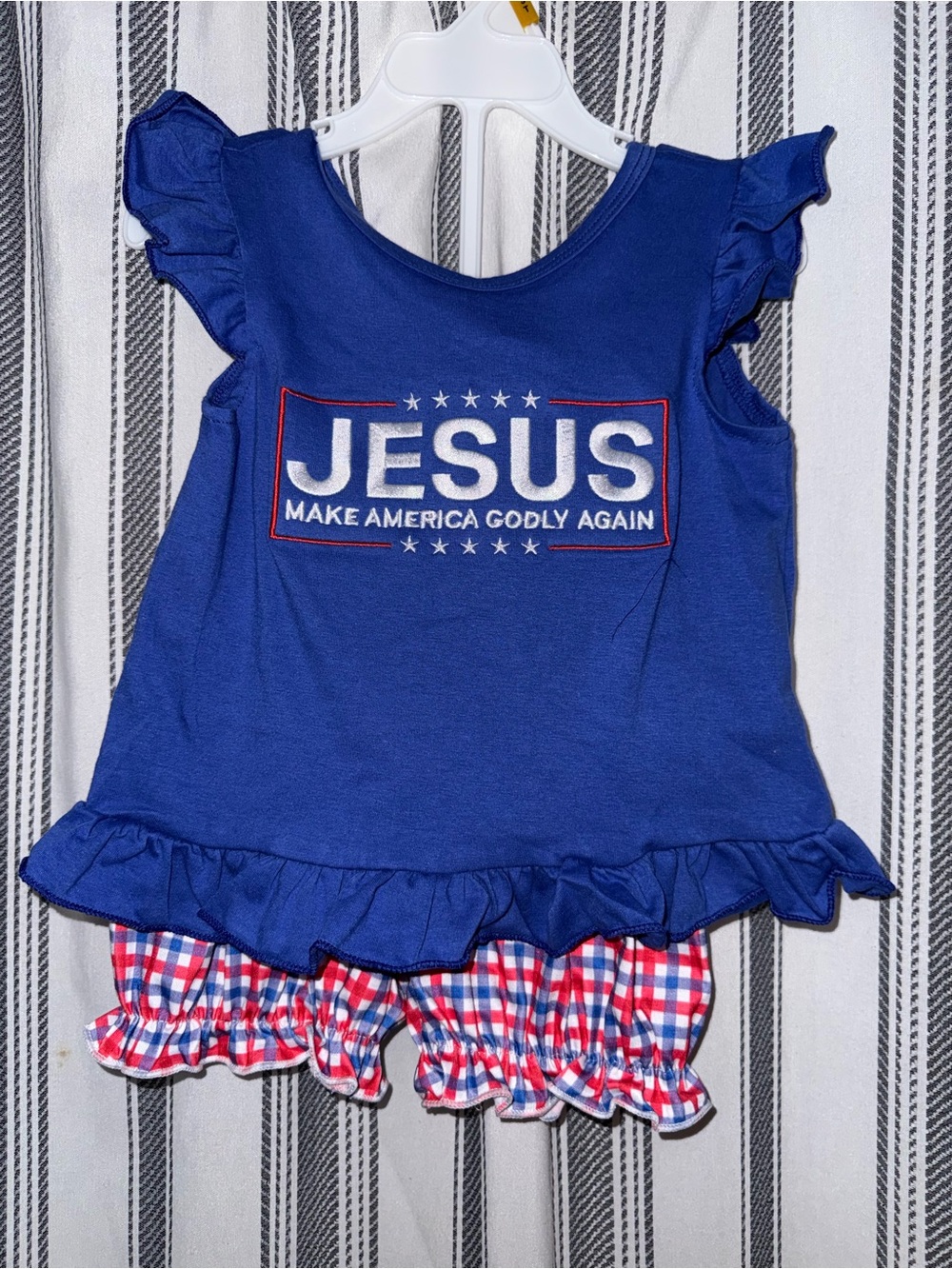 Girls Blue Ruffle Tank Top - JESUS Make America Godly Again